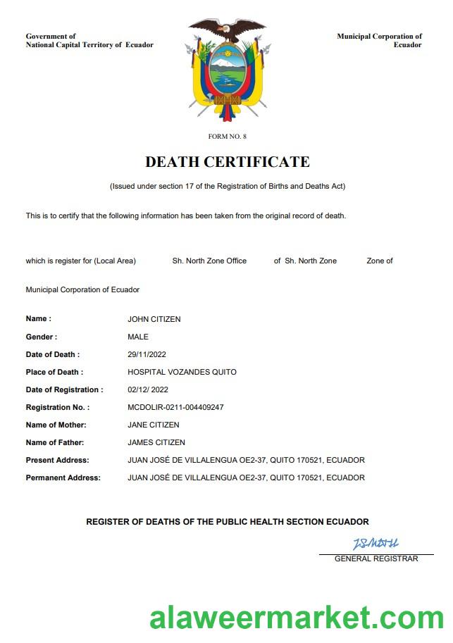 Ecuador vital record death certificate Word and PDF template
